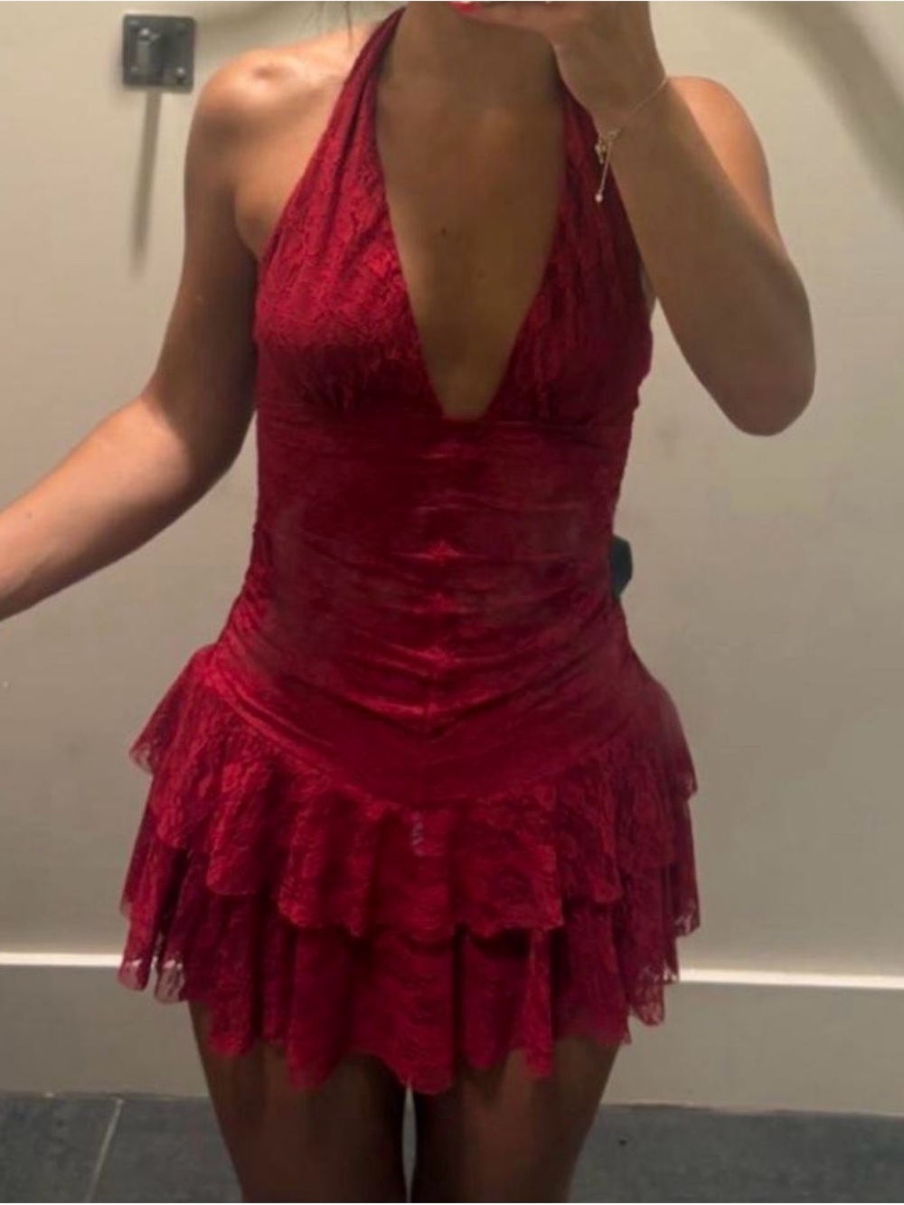 Red Lace Halter Ruffled Mini Dress